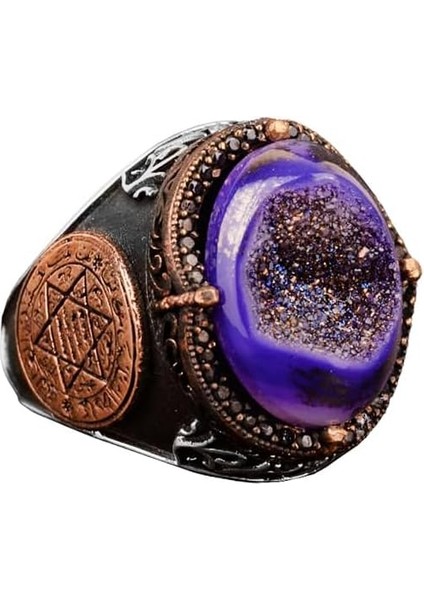 Doğal Drusy Kuvars Kristal Taş Yüzük, Davud Yıldızı Yüzüğü, 925 Ayar Gümüş Yüzük Erkekler Için