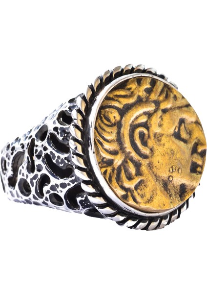 Erkekler Için Sterlin Gümüş Yüzük - Antik Madeni Para Tasarımı ile Yunan Tanrısı Motifi