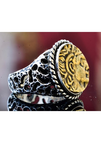 Erkekler Için Sterlin Gümüş Yüzük - Antik Madeni Para Tasarımı ile Yunan Tanrısı Motifi fırsatları
