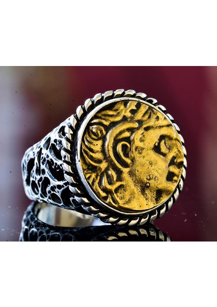 Erkekler Için Sterlin Gümüş Yüzük - Antik Madeni Para Tasarımı ile Yunan Tanrısı Motifi indirimleri