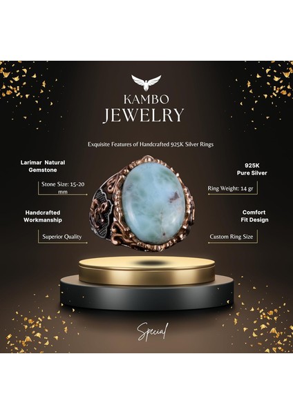 Larimar Taşlı Gümüş Yüzük - Huzur Verici 925 Ayar Katı Gümüş Erkek Yüzüğü - Okyanus Sakinliği Tasarımı fiyatları