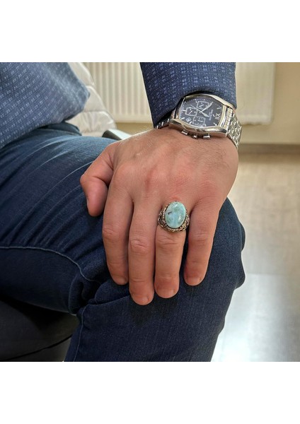 Larimar Taşlı Gümüş Yüzük - Huzur Verici 925 Ayar Katı Gümüş Erkek Yüzüğü - Okyanus Sakinliği Tasarımı modelleri