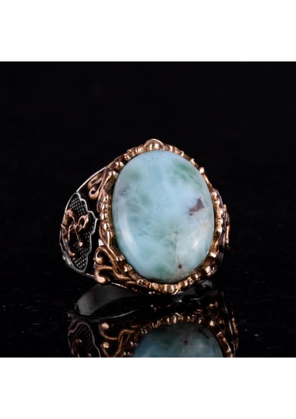 Larimar Taşlı Gümüş Yüzük - Huzur Verici 925 Ayar Katı Gümüş Erkek Yüzüğü - Okyanus Sakinliği Tasarımı indirimleri