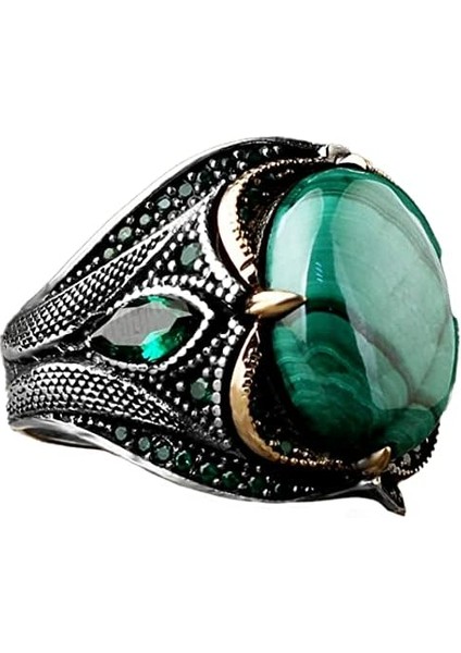 Doğal Malakit Taş Yüzük - 925 Ayar Gümüş Erkek Yüzük