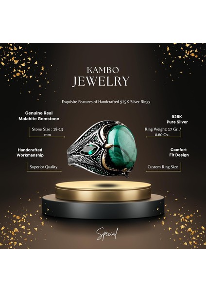Doğal Malakit Taş Yüzük - 925 Ayar Gümüş Erkek Yüzük fiyatları
