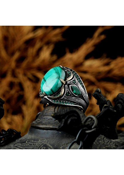 Doğal Malakit Taş Yüzük - 925 Ayar Gümüş Erkek Yüzük modelleri