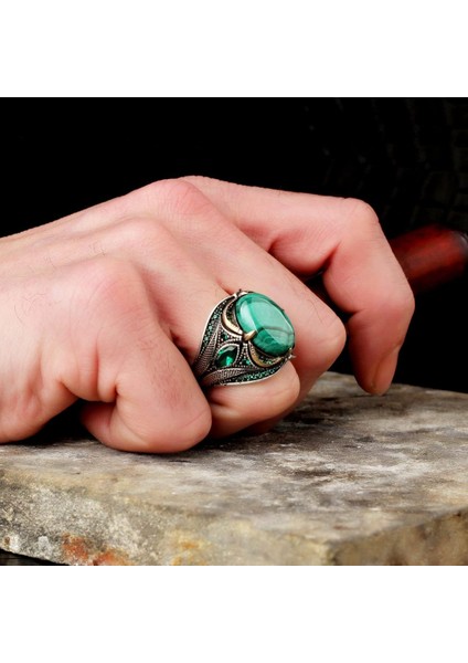Doğal Malakit Taş Yüzük - 925 Ayar Gümüş Erkek Yüzük fırsatları