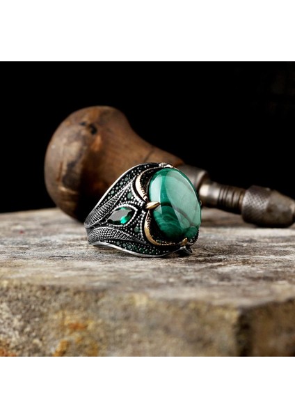 Doğal Malakit Taş Yüzük - 925 Ayar Gümüş Erkek Yüzük indirimleri