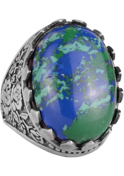 925 Ayar Gümüş Yüzük - Gül Desenli Yüzük - Erkekler Için Yapay Taş Yüzük (Yapay Krysokolla)