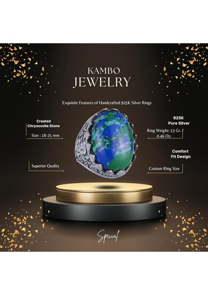 925 Ayar Gümüş Yüzük - Gül Desenli Yüzük - Erkekler Için Yapay Taş Yüzük (Yapay Krysokolla) fiyatları