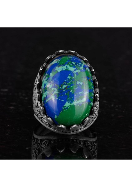 925 Ayar Gümüş Yüzük - Gül Desenli Yüzük - Erkekler Için Yapay Taş Yüzük (Yapay Krysokolla) modelleri