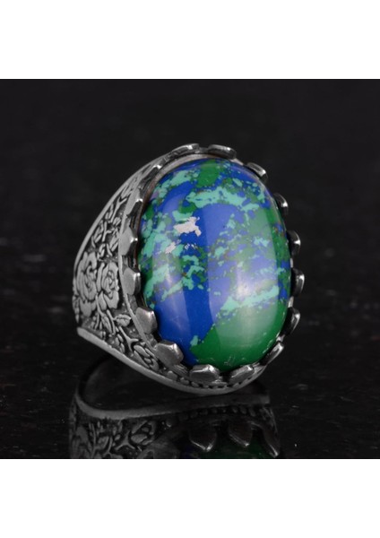 925 Ayar Gümüş Yüzük - Gül Desenli Yüzük - Erkekler Için Yapay Taş Yüzük (Yapay Krysokolla) fırsatları