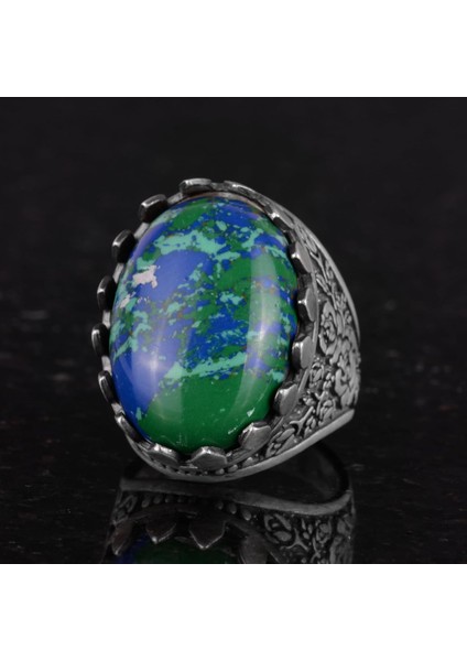 925 Ayar Gümüş Yüzük - Gül Desenli Yüzük - Erkekler Için Yapay Taş Yüzük (Yapay Krysokolla) indirimleri