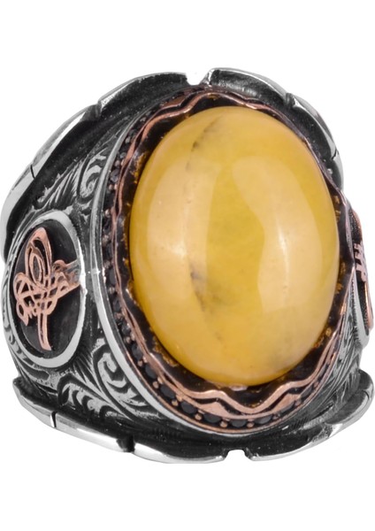 Osmanlı Tuğra Gümüş Yüzük, Doğal Sarı Akik Taşlı Yüzük, 925 Ayar Gümüş Yüzük Erkekler Için