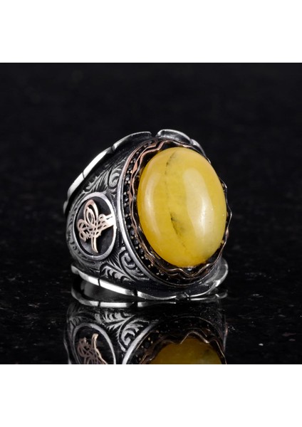 Osmanlı Tuğra Gümüş Yüzük, Doğal Sarı Akik Taşlı Yüzük, 925 Ayar Gümüş Yüzük Erkekler Için fırsatları