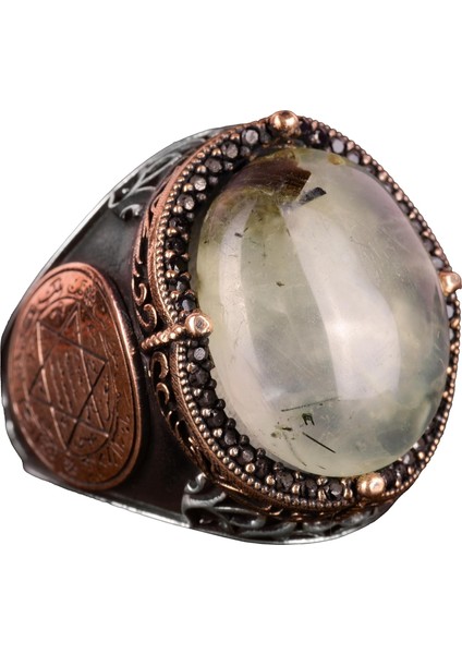 Doğal Prehnit Jade Taş Yüzük, Davut Yıldızı Gümüş Yüzük - Şifa Veren 925 Ayar Sert Gümüş Erkek Yüzük - Huzur ve Içgörü Tasarımı