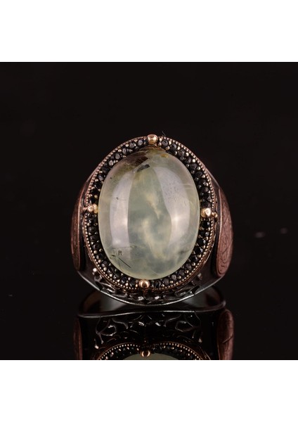 Doğal Prehnit Jade Taş Yüzük, Davut Yıldızı Gümüş Yüzük - Şifa Veren 925 Ayar Sert Gümüş Erkek Yüzük - Huzur ve Içgörü Tasarımı modelleri