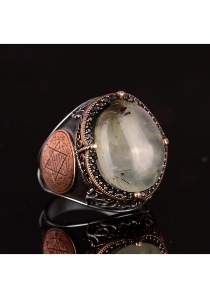 Doğal Prehnit Jade Taş Yüzük, Davut Yıldızı Gümüş Yüzük - Şifa Veren 925 Ayar Sert Gümüş Erkek Yüzük - Huzur ve Içgörü Tasarımı fırsatları