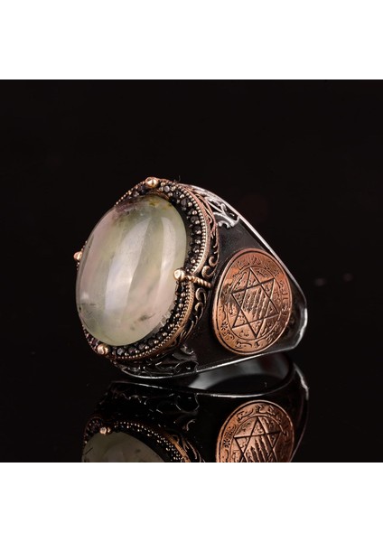 Doğal Prehnit Jade Taş Yüzük, Davut Yıldızı Gümüş Yüzük - Şifa Veren 925 Ayar Sert Gümüş Erkek Yüzük - Huzur ve Içgörü Tasarımı indirimleri