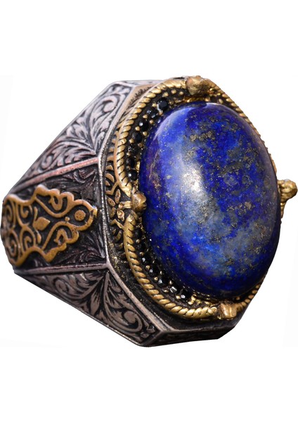 El Yapımı Vintage Tasarım Zümrüt Yüzük - 925 Ayar Gümüş Erkek Yüzük Altın Aksamlarıyla (Lapis Lazuli)