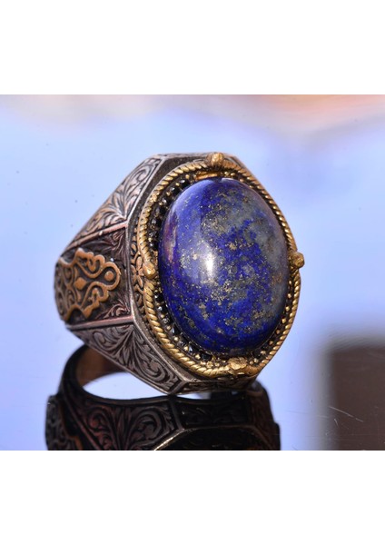 El Yapımı Vintage Tasarım Zümrüt Yüzük - 925 Ayar Gümüş Erkek Yüzük Altın Aksamlarıyla (Lapis Lazuli) modelleri
