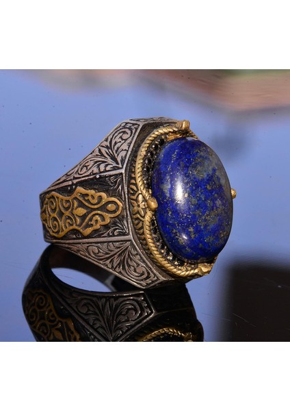 El Yapımı Vintage Tasarım Zümrüt Yüzük - 925 Ayar Gümüş Erkek Yüzük Altın Aksamlarıyla (Lapis Lazuli) fırsatları