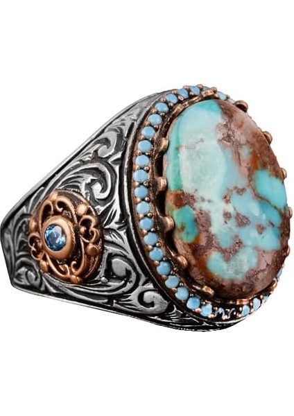 El Yapımı Doğal Arizona Turkuaz Taş Yüzük, 925 Ayar Gümüş Yüzük, Sultan Yüzüğü
