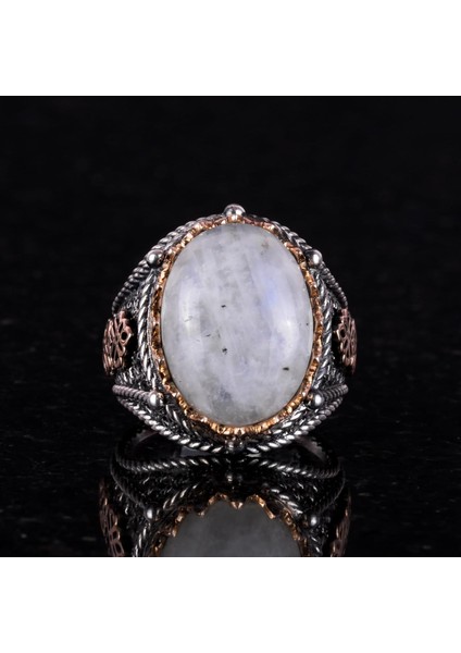 Doğal Ay Taşı Taş Yüzük, 925 Ayar Katı Gümüş Erkek Yüzüğü, Ay Işığı Tasarımı fırsatları