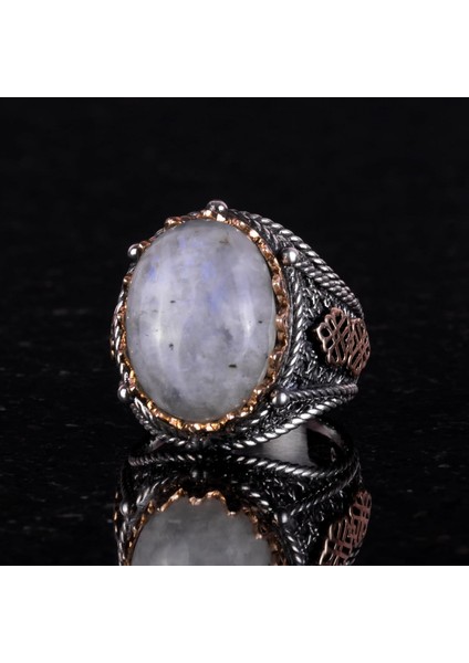 Doğal Ay Taşı Taş Yüzük, 925 Ayar Katı Gümüş Erkek Yüzüğü, Ay Işığı Tasarımı indirimleri