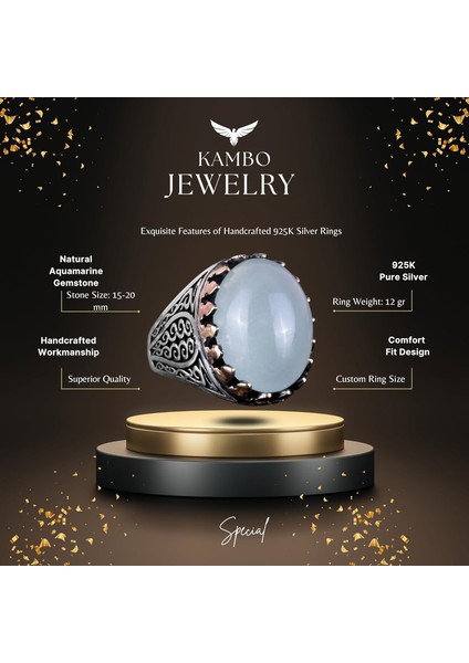 925 Ayar Katı Gümüş Erkek Yüzük - Doğal Taşlarla El Yapımı Şıklık (Cabochon Akuamarin Taşı) indirimleri