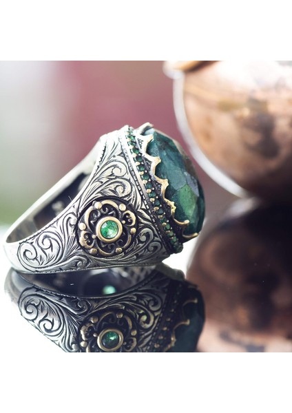 El Yapımı Gümüş Erkek Yüzük, Doğal Taş Yüzük (Zümrüt) fırsatları
