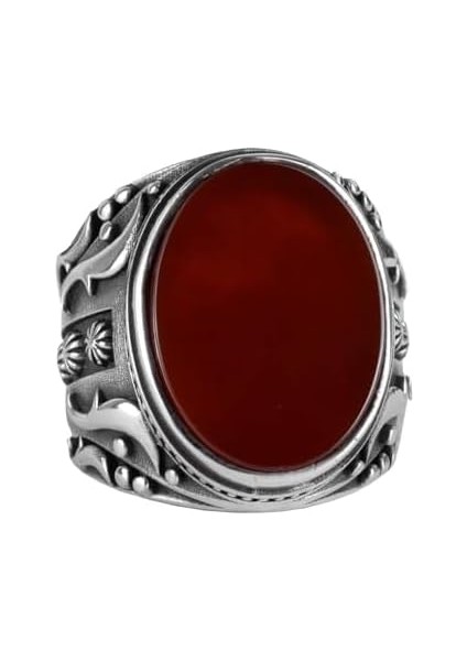 El Yapımı Kırmızı Akik Taş Yüzük - 925 Ayar Gümüş Erkek Takısı