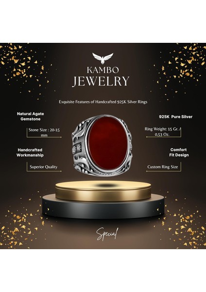 El Yapımı Kırmızı Akik Taş Yüzük - 925 Ayar Gümüş Erkek Takısı fiyatları