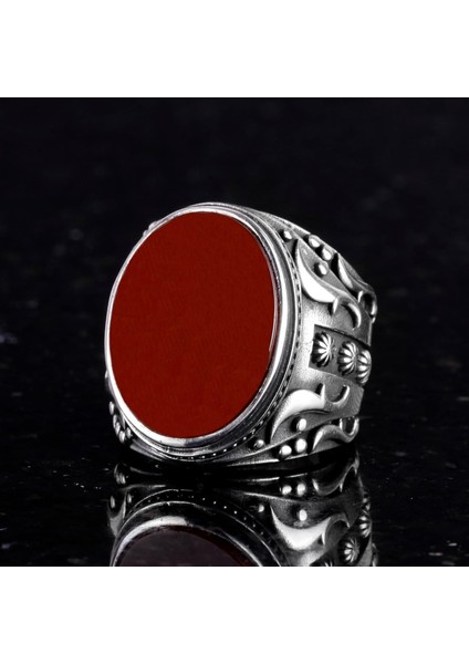 El Yapımı Kırmızı Akik Taş Yüzük - 925 Ayar Gümüş Erkek Takısı fırsatları