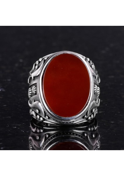 El Yapımı Kırmızı Akik Taş Yüzük - 925 Ayar Gümüş Erkek Takısı indirimleri