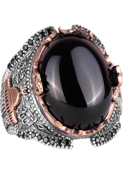 925 Ayar Gümüş Yüzük, Islami Cabochon Oniks Taşlı Erkek Yüzük