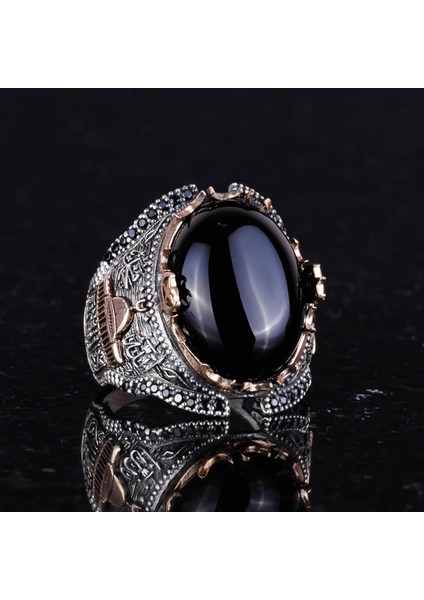 925 Ayar Gümüş Yüzük, Islami Cabochon Oniks Taşlı Erkek Yüzük fırsatları