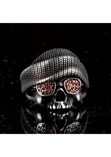 Soğuk Kafatası Şapkalı Gümüş Biker Yüzüğü, Gotik Kafatası Yüzüğü, 925 Ayar Gümüş Yüzük modelleri
