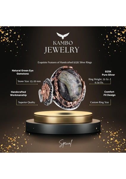 El Yapımı Yeşil Göz Taşlı Yüzük, Aslan Gümüş Baş Yüzük - Canlı 925 Ayar Sert Gümüş Erkek Yüzüğü - Doğal Vigor Tasarımı fiyatları