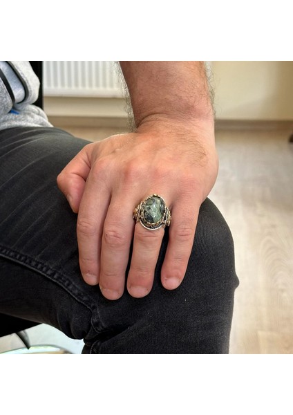 El Yapımı Yeşil Göz Taşlı Yüzük, Aslan Gümüş Baş Yüzük - Canlı 925 Ayar Sert Gümüş Erkek Yüzüğü - Doğal Vigor Tasarımı modelleri