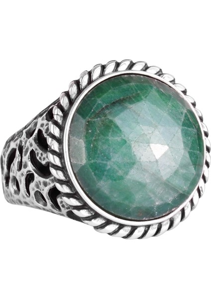 Doğal Taş Yüzük - 925 Ayar Katı Gümüş Erkek Yüzük Zümrüt ile