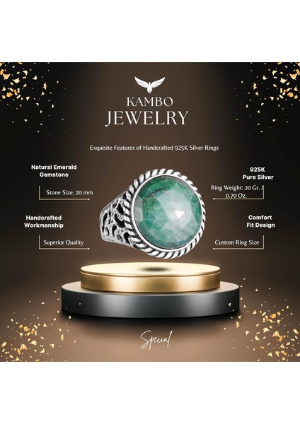 Doğal Taş Yüzük - 925 Ayar Katı Gümüş Erkek Yüzük Zümrüt ile fiyatları