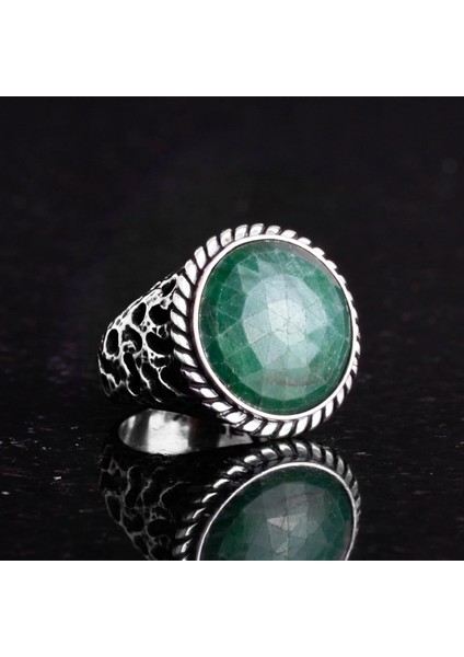 Doğal Taş Yüzük - 925 Ayar Katı Gümüş Erkek Yüzük Zümrüt ile fırsatları