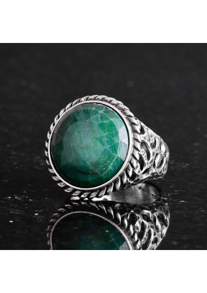 Doğal Taş Yüzük - 925 Ayar Katı Gümüş Erkek Yüzük Zümrüt ile indirimleri
