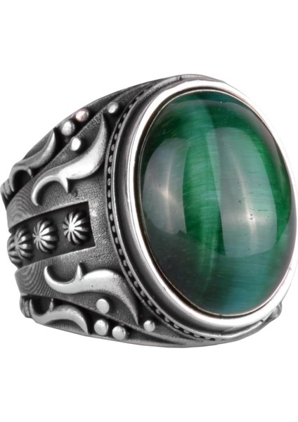 Yeşil Kedi Gözü Yapay Taş Yüzük, 925 Ayar Gümüş Yüzük, Tasarım Gümüş Erkek Yüzüğü