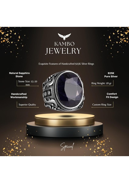 Doğal Safir Taş Yüzük, 925 Ayar Gümüş Yüzük, Tasarım Gümüş Erkek Yüzüğü fiyatları