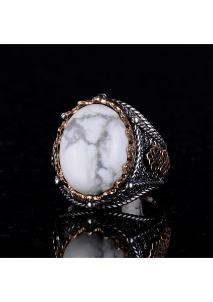 Gerçek Doğal Howlite Taş Yüzük, 925 Ayar Katı Gümüş Erkek Yüzüğü fırsatları