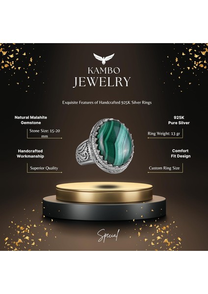 El Yapımı Malakit Taş Yüzük - Canlı 925K Katı Gümüş Erkek Yüzüğü - Şifa Enerjisi Tasarımı indirimleri