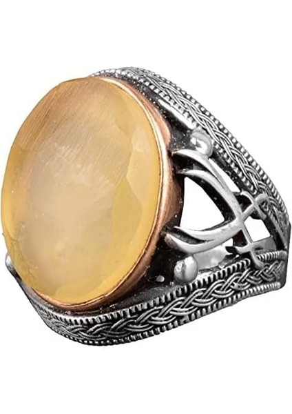 Doğal Taş Erkek Yüzüğü, Kılıç Yüzüğü, 925 Ayar Gümüş Erkek Yüzüğü (Kehribar)