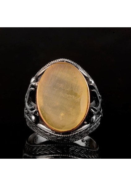 Doğal Taş Erkek Yüzüğü, Kılıç Yüzüğü, 925 Ayar Gümüş Erkek Yüzüğü (Kehribar) modelleri